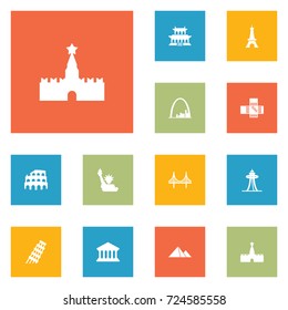 Set Of 12 Monument Icons Set.Collection Of The Forbidden City, Coliseum, Pisa And Other Elements.