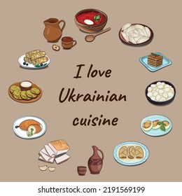 Set of 12 most popular dishes of national Ukrainian cuisine on a square beige banner, flat vector, inscription I love Ukrainian cuisine