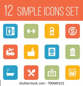 Set Of 12 Motel Icons Set.Collection Of Check In, Transportation, Currency And Other Elements.