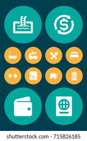 Set Of 12 Motel Icons Set.Collection Of Bathtub, Citizenship, Inn And Other Elements.