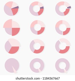 A set of 12 multi-colored round diagrams. Infographics.Gentle calm colors, pink, yellow, purple. Daigaram with shadow. Sectors of different sizes