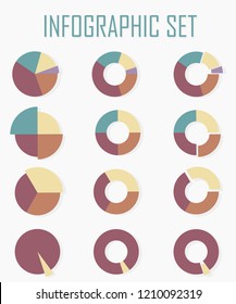 A set of 12 multi-colored round diagrams. Infographics.Gentle calm colors, pink, yellow, purple. Daigaram with shadow. Sectors of different sizes