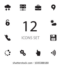 Set of 12 multimedia icons set. Collection of forecast, floppy disk, cloud storage and other elements.