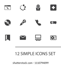 Set of 12 multimedia icons set. Collection of media, browser, vinyl and other elements.