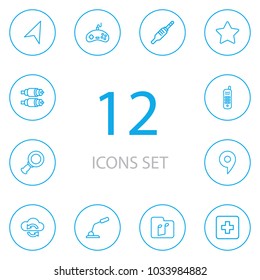 Set of 12 multimedia icons line style set. Collection of music, pinpoint, add button and other elements.