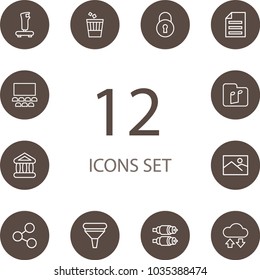 Set of 12 multimedia icons line style set. Collection of music, joystick, cloud storage and other elements.