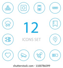 Set of 12 multimedia icons line style set. Collection of surveillance, cloud storage, bookmark and other elements.