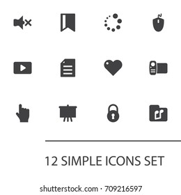 Set Of 12 Multimedia Icons Set.Collection Of Like, Stand, Tag Elements.