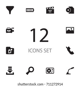 Set Of 12 Multimedia Icons Set.Collection Of File, Charge, Music And Other Elements.