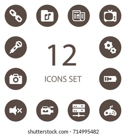 Set Of 12 Multimedia Icons Set.Collection Of Hyperlink, Joystick, Sound Off And Other Elements.