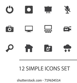 Set Of 12 Multimedia Icons Set.Collection Of House, Power On, Stand Elements.