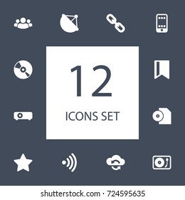Set Of 12 Multimedia Icons Set.Collection Of Presentation, Music, Social Team And Other Elements.