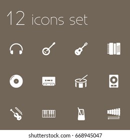 Set Of 12 Music Icons Set.Collection Of Acoustic, Amplifier, Retro Disc And Other Elements.