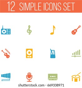 Set Of 12 Music Icons Set.Collection Of Tone Symbol, Percussion, Knob And Other Elements.
