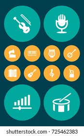 Set Of 12 Music Icons Set.Collection Of Rhythm Motion, Tambourine, Turntable And Other Elements.