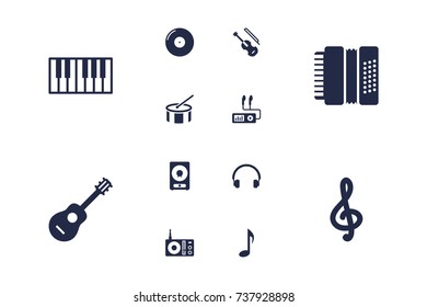 Set Of 12 Music Icons Set.Collection Of Quaver, Amplifier, Fiddle And Other Elements.