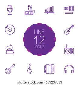 Set Of 12 Music Outline Icons Set.Collection Of Turntable, Acoustic, Vinyl And Other Elements.