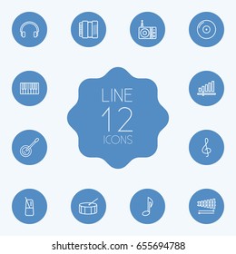 Set Of 12 Music Outline Icons Set.Collection Of Percussion, Fortepiano, Note And Other Elements.