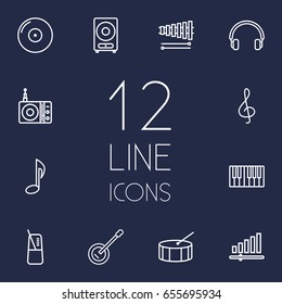 Set Of 12 Music Outline Icons Set.Collection Of Percussion, Audio Level, Pace And Other Elements.