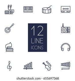 Set Of 12 Music Outline Icons Set.Collection Of Record, Headphones, Note And Other Elements.