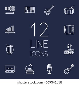 Set Of 12 Music Outline Icons Set.Collection Of Audio Level, Amplifier, Guitar And Other Elements.