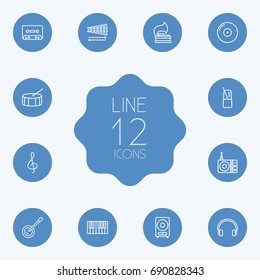 Set Of 12 Music Outline Icons Set.Collection Of Note, Wooden Block, Station And Other Elements.