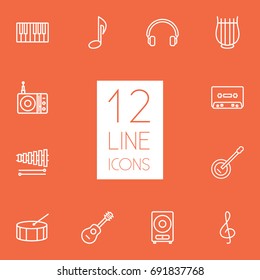 Set Of 12 Music Outline Icons Set.Collection Of Wooden Block, Station, Percussion And Other Elements.