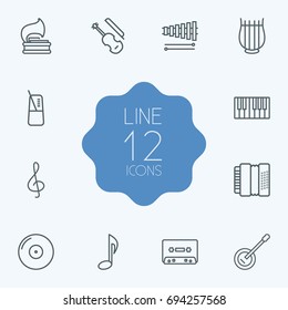 Set Of 12 Music Outline Icons Set.Collection Of Record, Harmonica, Musical Sign And Other Elements.
