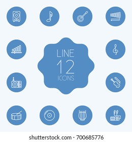 Set Of 12 Music Outline Icons Set.Collection Of Stringed, Note, Audio Level And Other Elements.