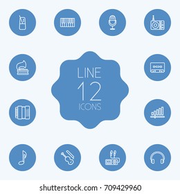 Set Of 12 Music Outline Icons Set.Collection Of Station, Turntable, Musical Sign And Other Elements.