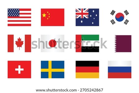 Set of 12 national flags of developed and economically established countries in a vector style.