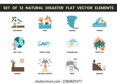 Set of 12 natural disaster flat vector elements. Vector illustrations with natural disaster theme and flat vector style. Editable vector.