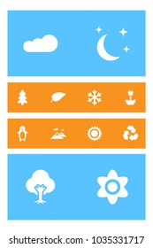 Set of 12 natural icons set. Collection of snowflake, cloud, fir tree and other elements.