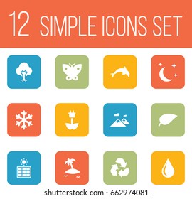 Set Of 12 Natural Icons Set.Collection Of Isle Beach, Grampu, Foliage And Other Elements.
