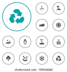 Set Of 12 Natural Icons Set.Collection Of Overcast, Wind Energy, Tree And Other Elements.