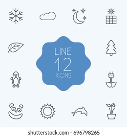 Set Of 12 Natural Outline Icons Set.Collection Of Fir Tree, Panda, Sun Elements.