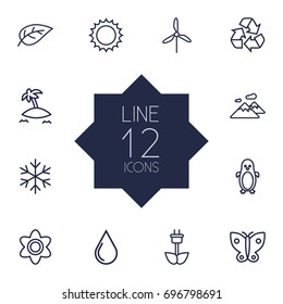 Set Of 12 Natural Outline Icons Set.Collection Of Snowflake, Leaf, Sun And Other Elements.