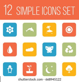 Set Of 12 Nature Icons Set.Collection Of Overcast, Polar Bird, Grampu And Other Elements.