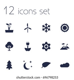 Set Of 12 Nature Icons Set.Collection Of Wind Energy, Flowerpot, Overcast And Other Elements.