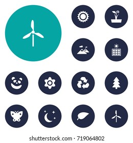 Set Of 12 Nature Icons Set.Collection Of Solar Panel, Spruce, Bear And Other Elements.