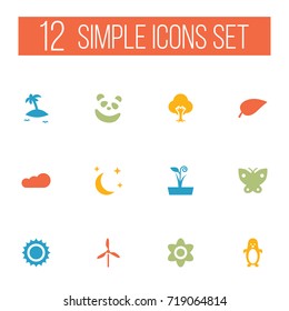 Set Of 12 Nature Icons Set.Collection Of Bloom, Wind Energy, Polar Bird And Other Elements.