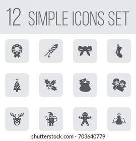 Set Of 12 New Icons Set.Collection Of Christmas Wreath, Sack, Mitten And Other Elements.