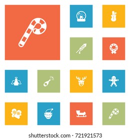 Set Of 12 New Icons Set.Collection Of Santa Sleigh, Ice Person, Mitten And Other Elements.