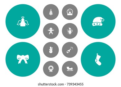 Set Of 12 New Icons Set.Collection Of Santa Sleigh, Cap, Magic Sphere And Other Elements.