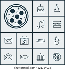 Set Of 12 New Year Icons. Can Be Used For Web, Mobile, UI And Infographic Design. Includes Elements Such As Flame, Celebrate, Close And More.