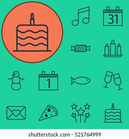 Set Of 12 New Year Icons. Can Be Used For Web, Mobile, UI And Infographic Design. Includes Elements Such As Fish, Sweet, Celebrating And More.