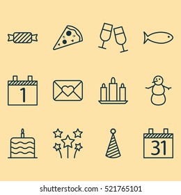 Set Of 12 New Year Icons. Can Be Used For Web, Mobile, UI And Infographic Design. Includes Elements Such As Envelope, Candle, Piece And More.