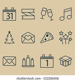 Set Of 12 New Year Icons. Can Be Used For Web, Mobile, UI And Infographic Design. Includes Elements Such As Date, Envelope, Love And More.