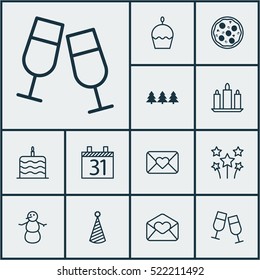 Set Of 12 New Year Icons. Can Be Used For Web, Mobile, UI And Infographic Design. Includes Elements Such As Xmas, Email, Winter And More.