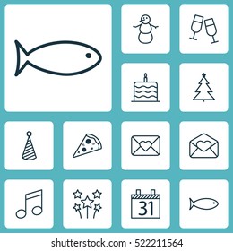 Set Of 12 New Year Icons. Can Be Used For Web, Mobile, UI And Infographic Design. Includes Elements Such As Celebration, Cake, Celebrating And More.